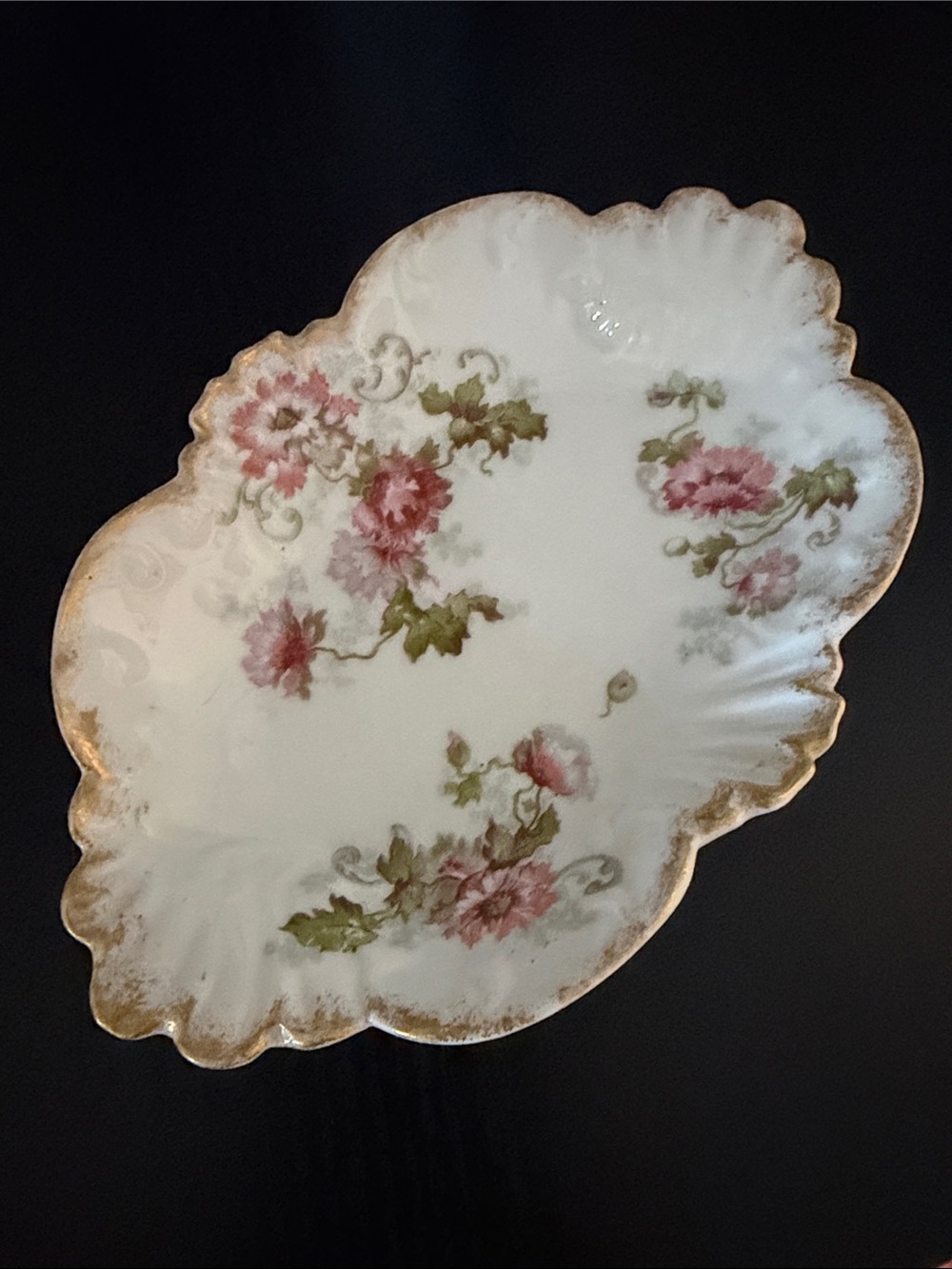 Limoges Scalloped Porcelain dish with Pink Rose Motif and Gold Trim